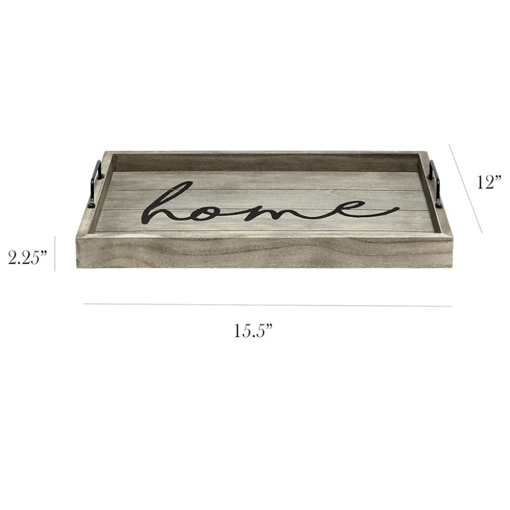 Rustic Gray Wooden Tray with 'Home' Script